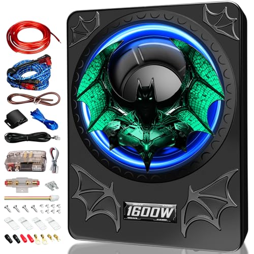 Image of 1600W Car Subwoofer, 10 inch Ultra-Thin Powered Under-Seat Subs with Built-in Amplifier, (LPF /Gain /Bass Boost) LED Ambient Lights, Independent Bass Knob, Distortion-Free Deep Bass for Most Vehicles
