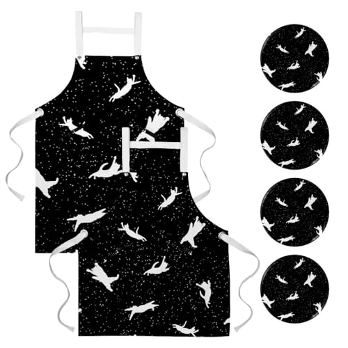 Lot de 2 tabliers de cuisine chat jouant multicolore avec broches