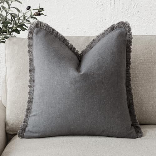Image of Foindtower Decorative Linen Fringe Throw Pillow Covers Cozy Boho Farmhouse Cushion Cover with Tassels Soft Accent Pillowcase for Chair Sofa Bed Living Room Home Decor, 16x16 Inch, 1PC, Gray