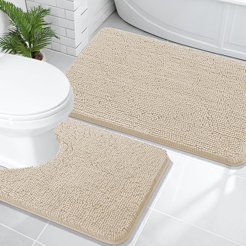 Image of OLANLY Bathroom Rugs Sets 2 Piece, Soft Absorbent Chenille Bath Mats and U-Shaped Contour Toilet Mat Area Rug Set, Machine Washable Bath Carpet, Home Decor Accessories(36 inchx24 inch+24 inchx20 inch, Sand)