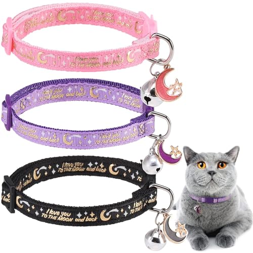 Image of 3 Pack Breakaway Cat Collars with Bell- Golden Moon Cat Collar Glow in The Dark for Girl Boy Cats with Safety Buckle- Cute Kitten Collar Adjustable 8 inch-12 inch for Kitty Puppy Small Pets