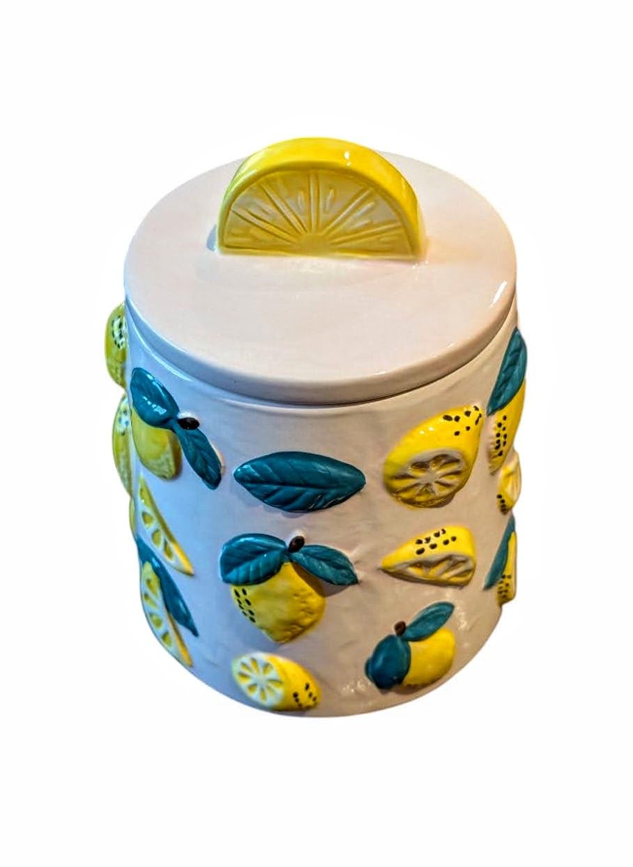 Ceramic Lemon Theme Cookie Candy Nut Jar Container Canister 7 inches High and 6 inches Wide With Gasketed Top