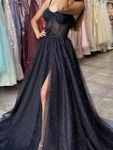 Wchecalino Glitter Tulle Prom Dresses Long 2025 Spaghetti Straps Sweetheart 3D Flowers Evening Party Gowns with Slit - Image 4