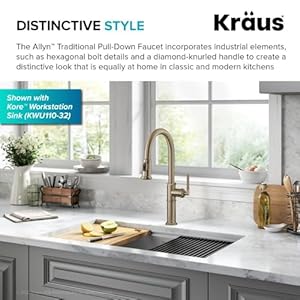 KRAUS Allyn Traditional Industrial Pull Down Single Handle Kitchen Faucet in Brushed Gold KPF 4100BG