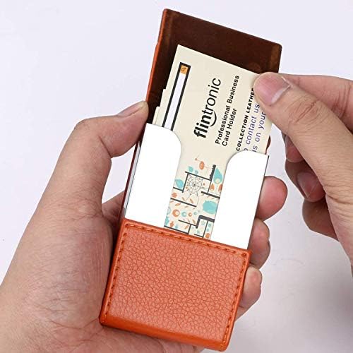 flintronic Business Card Holder | PU Leather Credit Card Holder, Slim Stainless Steel ID Case for Men/Women | Double Open Magnetic Buckle Keep Your Business Name Cards Clean (Orange)