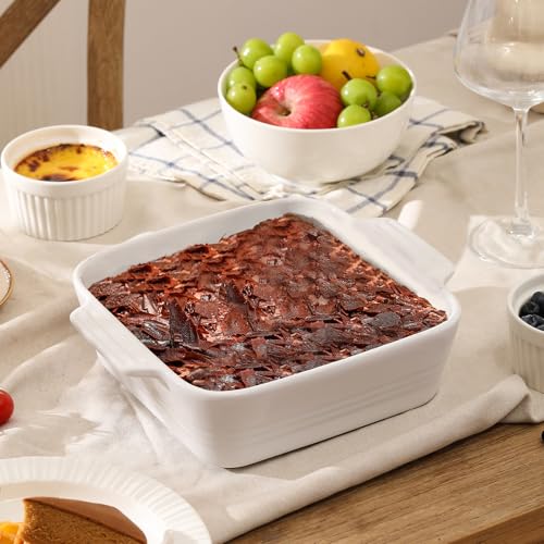 Image of DOWAN 8x8 Baking dish, Square Baking Pan, Ceramic Casserole Dishes for Oven, Cake Pan with Handle, for Brownie, Lasagna, Casserole, 2 Quart, Home Gift, Bright White