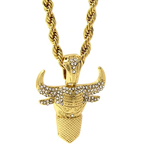 Jewel Town Mens 14k Gold Plated Hip-Hop Cz Masked Bull Pendant 30" Rope Chain Necklace D670