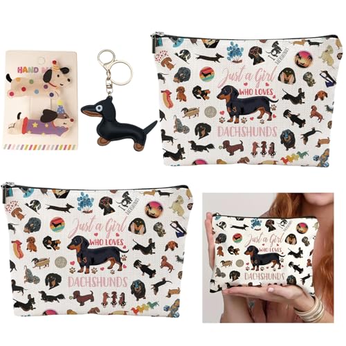 2 Pcs Dackel Geschenke Dackel Tasche Makeup Tasche Mit Reißverschluss Mit 2 Haarspangen Damen und 1 Dackel Schlüsselanhänger Ideal für Tierliebhaber, Großes Fassungsvermögen, Wiederholte Verwendung