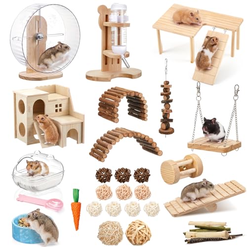 Sonwyoung 40 Pcs Hamster Cage Accessories 9.5 Exercise Wheel Wood Platform Hideout House Water Bottle Sand Bath Bowl Chew Toy for Syrian Hamsters Mice Gerbils Habitat Decor(Active Style)