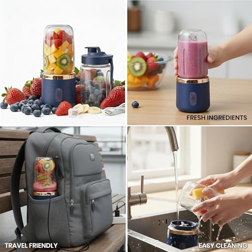 Image of ZENOVIA Portable Juicer Bottle with Dual Cup, Blue | USB Rechargeable, Smoothie Maker, Leakproof, Mini Juicer, Travel, Gym & Kitchen