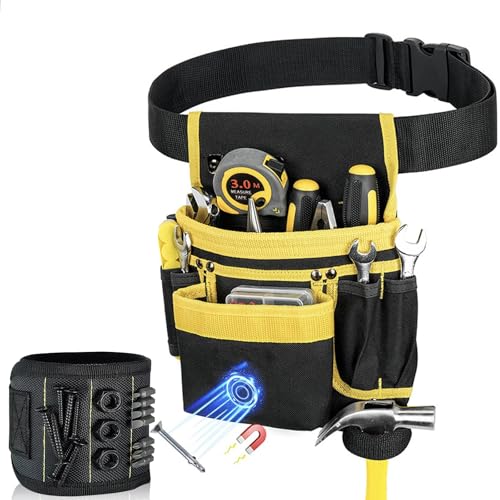 Yeria Werkzeuggürtel Herren Set, Magnetische Werkzeugtasche gürtel mit 14 Taschen und Mann Magnetarmband, Abnehmbare und Verstellbare Werkzeugtasche für Elektriker, Schreiner, Bauarbeiter (DS00302-B)