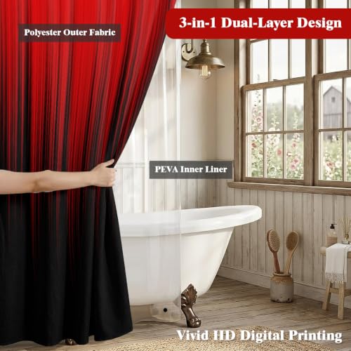 Image of AAtter 3 in 1 Red Black Gothic Shower Curtain Set, 72x72 Inch, 12 Hooks | Polyester Fabric with PEVA Liner, Burgundy Ombre Pattern, Modern Abstract Style, Standard Bathroom Decor for Men