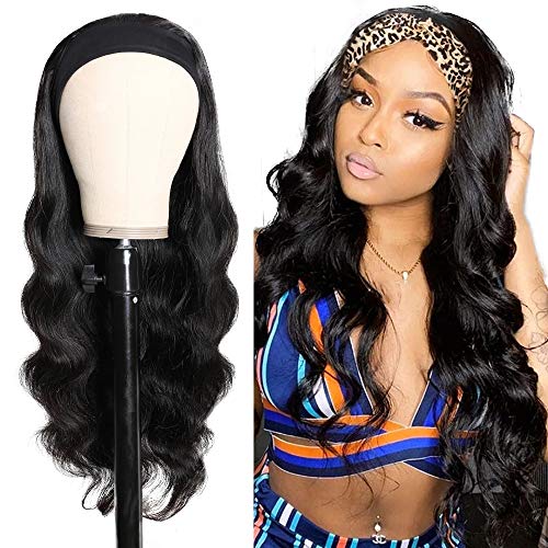 Headband Wig Human Hair Wigs for Black Women Human Hair Headband Wig 18 Inch Body Wave Wet and Wavy Wig Glueless Human Hair Wig Machine Made None Lace Front Wig Natural Color 150% Density