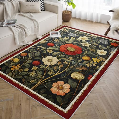 Tapis vert foncé 140x200 fleuri lavable et antidérapant pour salon