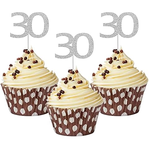 Sumerk 24PCS 30 Cupcake Toppers Silver Glitter 30th Birthday Cupcake Picks Anniversary Party Decorations Cover