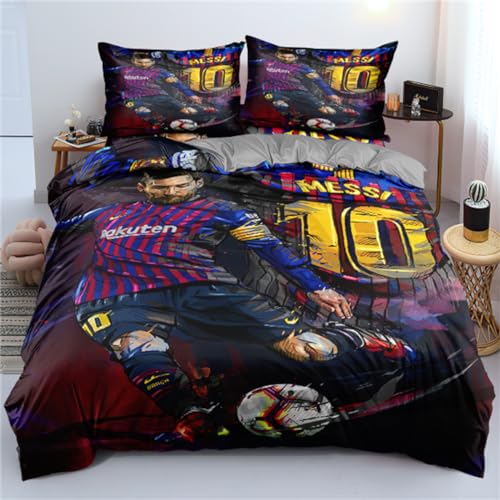 ENIXWH Parure de lit pour adolescents sur le thème du football 3D FCB Messi en microfibre, ensemble de draps pour supporters de football 1 avec fermetures...