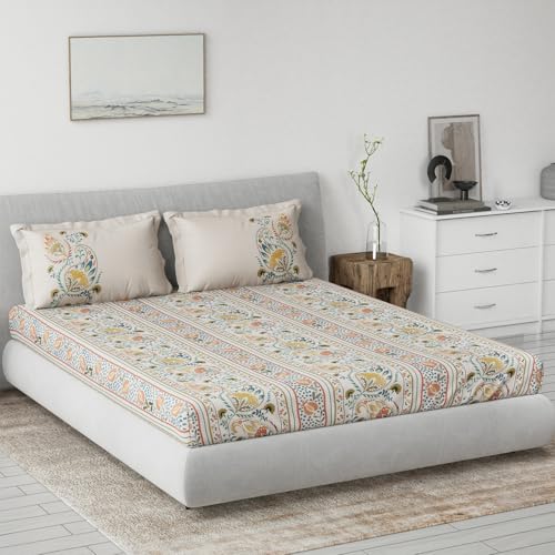 Image of DDECOR Live beautiful Cotton Queen Bed Sheet Set with 2 Pillow Covers (229 CM X 274 CM, Yellow) Digital Print Global Ethnic 145TC GSM