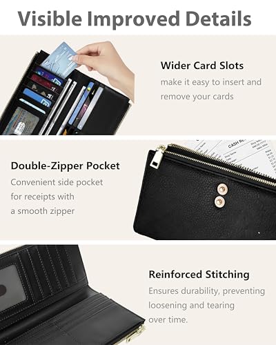 Image of Black Women's Slim Wallet,Thin RFID Card Holder with Zipper Pocket | 12 Slot Wallet Organizer, Large Capacity, Vegan Leather, Coin Purse, Cash Compartment, Travel Wallet, Women Gift