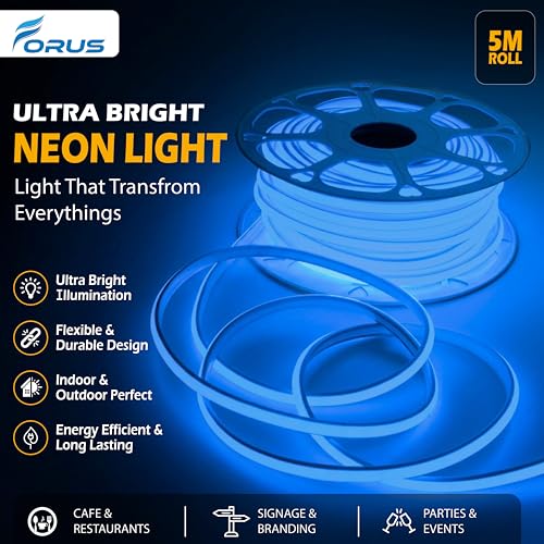 Image of Forus 5M LED Neon Strip Light Blue, 240 LEDs /M High Brightness COB Neon Rope Light, Waterproof IP65 Flexible Silicone Strip, Cuttable LED Light for Home, Bedroom, Wall Decor, Shop, Festival Lighting