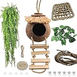 MUYG Crested Gecko Tank Accessories Coconut Hide with Ladder,Leopard Gecko Coconut Hut Hideout Hanging Lizard Seagrass Hammock Dragon Cage Lounger Jungle Vine Flexible Leaves Reptile Tank Decor