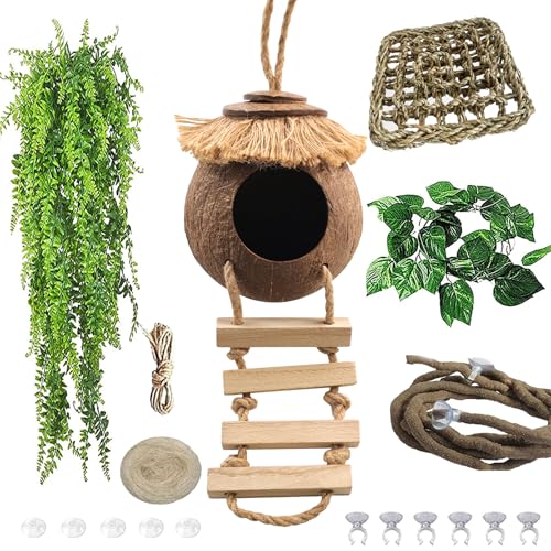 MUYG Crested Gecko Tank Accessories Coconut Hide with Ladder,Leopard Gecko Coconut Hut Hideout Hanging Lizard Seagrass Hammock Dragon Cage Lounger Jungle Vine Flexible Leaves Reptile Tank Decor