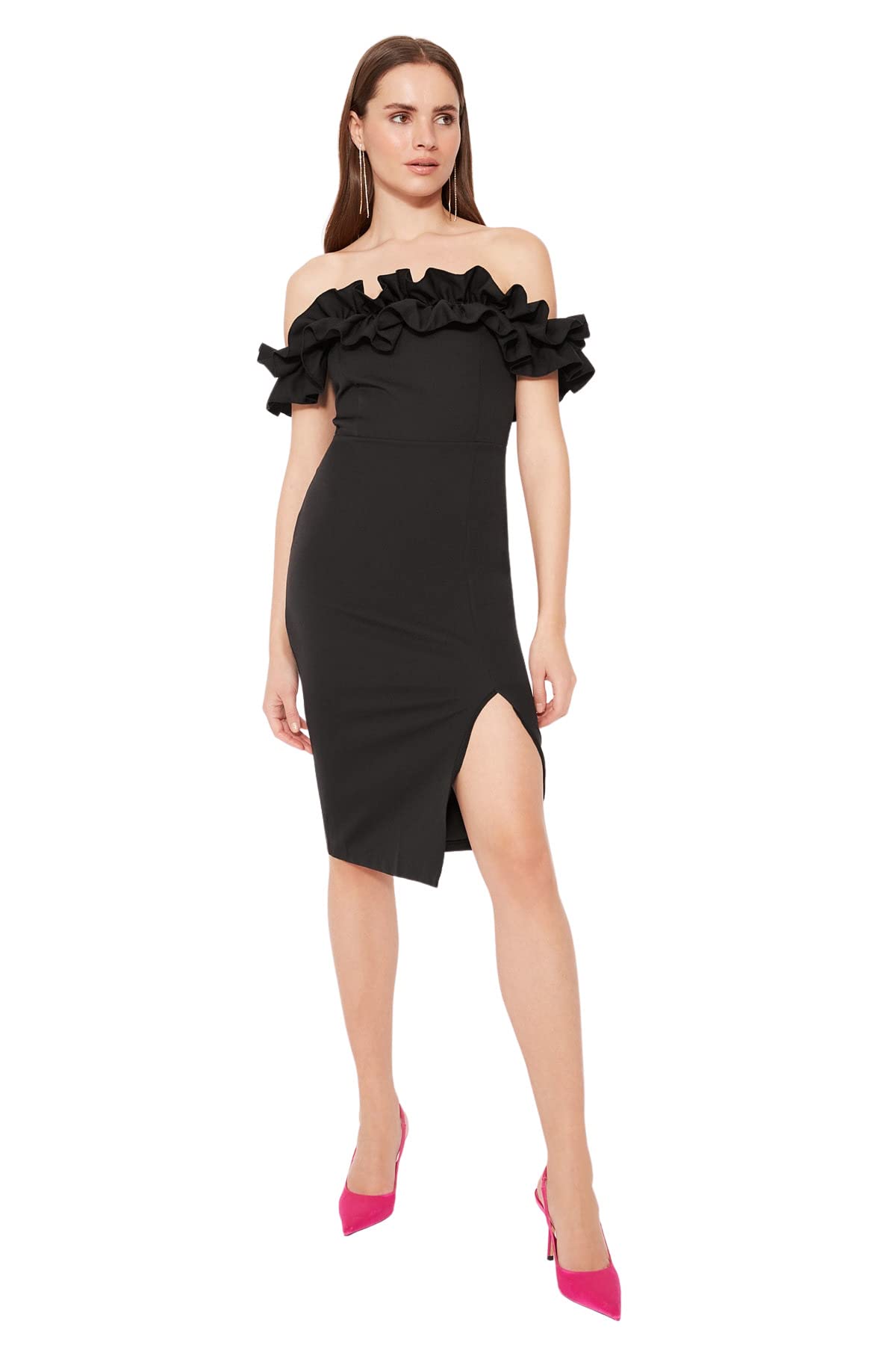 TRENDYOL Damen Figurbetontes Midi-kleid Kleid, Schwarz, 38 EU