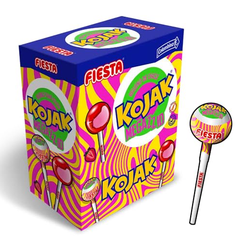 Kojak Caramelo con Palo MEGAZZID Relleno de Chicle - Caja de 100 unidades - Kojak Sabor Fresa Acida - Super Acido - FIESTA - Fresa