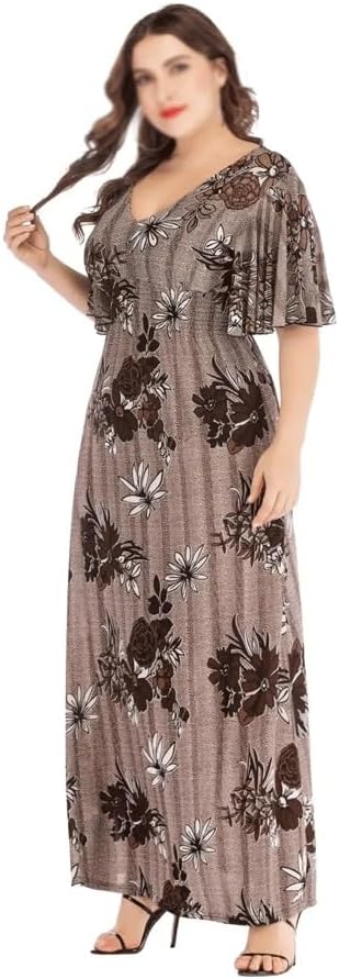 JSEIAJB Dress Women V Neck Flare Short Sleeve Floral Print Vintage Dress Elastic High Waist Tunic Beach Dresses