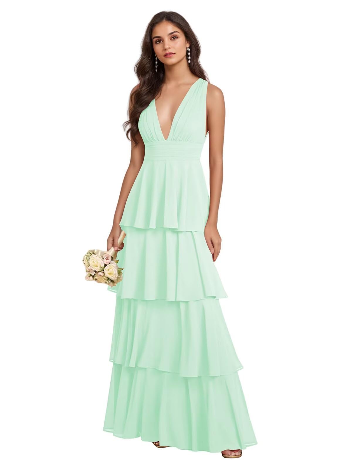Chiffon Abendkleider Elegant für Hochzeit,V-Ausschnitt Gestufte Brautjungfernkleider Lang für Damen Chiffon Rüschen Festliche Kleider für Hochzeitsgäste