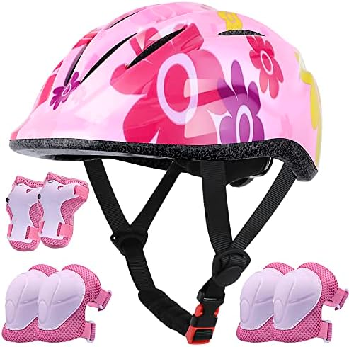 Lamsion Kids Helmet Adjustable with Sports Protective Gear Set Knee Elbow Wrist Pads for Toddler Ages 4 to 10 Years Old Boys Girls Cycling Skating Scooter Helmet-(Pink Sun Flower)