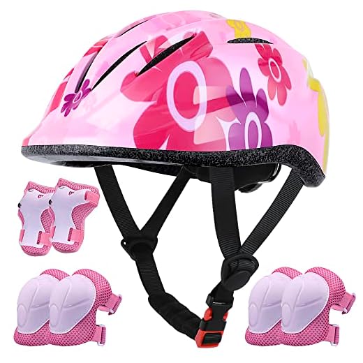 Lamsion Kids Helmet Adjustable with Sports Protective Gear Set Knee Elbow Wrist Pads for Toddler Ages 3 to 8 Years Old Boys Girls Cycling Skating Scooter Helmet-(Pink Sun Flower)