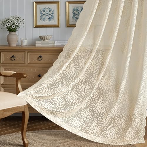 Image of MIULEE Vintage Floral Scalloped Lace Curtains 2 Panels, Cream 52 inch W x 84 inch L | Victorian Decorative Design, Semi Sheer Curtains, Light Filtering Rod Pocket Panels Decor for Bedroom Living Room