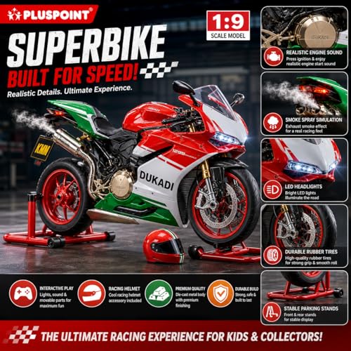 Image of PLUSPOINT Diecast Ducati Bike Motorcycle Toy 1:9 Scale Model with Sound Effects, LED Lights, Ignition System and Smoke Spray, Model Vehicle Toy Street Machine Alloy Simulation Super Bike