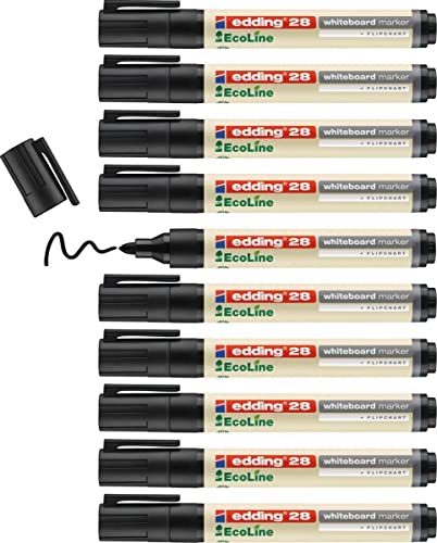 edding 28 Ecoline whiteboardmarker – svart – låda med 10 pennor – rund spets 1,5–3 mm – torkas bort utan vatten – för whiteboard, blädderblock, anslagstavla, memo-tavla – sketcher – går att fylla på