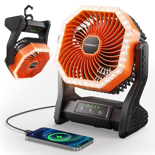 Doublepow 20000mAh Ventilateur Camping avec Lumière LED, Ventilateur Table Portable Rechargeable avec Crochet, Vent Puissant Réglable à 4 Vitesses, pour...
