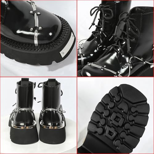 Women Goth Genuine Leather Platform Combat Ankle Boots with Metal Springs Fashion Round Toe Lace Up Lug Sole Chunky Motorcycle Boots Retro Punk Short Booties2