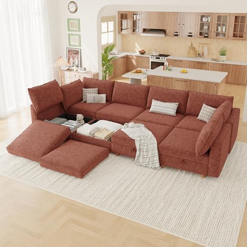 Image of 128 inch Modular Sectional Sleeper Sofa Bed with Storage & Washable Covers, 8-Seater Chenille Modular Sofa Bed with Movable Ottoman Chaise, Convertible Sleeper Sectional Couches for Living Room, Orange