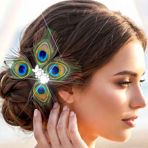 Yokawe pinza de cabello vintage con diseño de mariposa y plumas de pavo real con cristales para fiesta Gatsby, graduación y boda miniatura 3