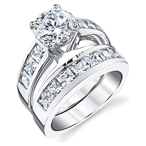 2 Carats Sterling Silver Bridal Set Cubic Zirconia Engagement Wedding Ring Bands with Round and Princess Cut Cover