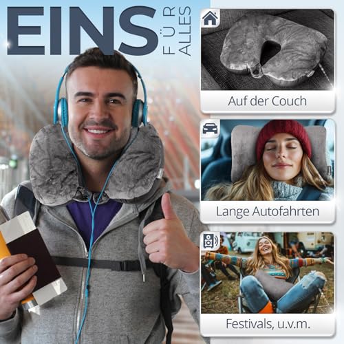 Heimwert Reisekissen - 2in1 Nackenkissen Stützkissen,Nackenhörnchen, 37x27 cm - Travel Pillow für Flugzeug, Camping, Reise - Ergonomisches Kopfkissen mit Microperlen (Grau)
