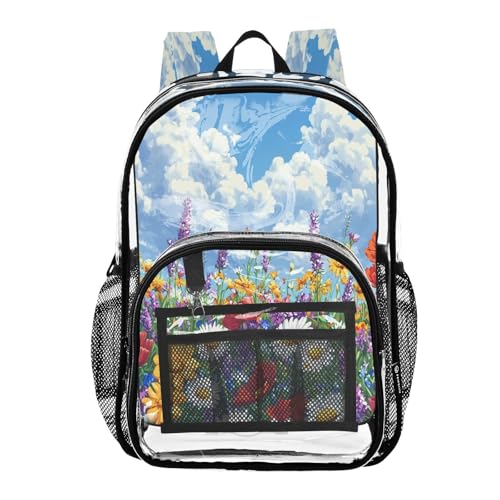 Colorful Wildflowers Clear Backpack - Stadium Approved Large 15.7-inch Waterproof Transparent Bag for Sports, Concerts, Work, Travel#132