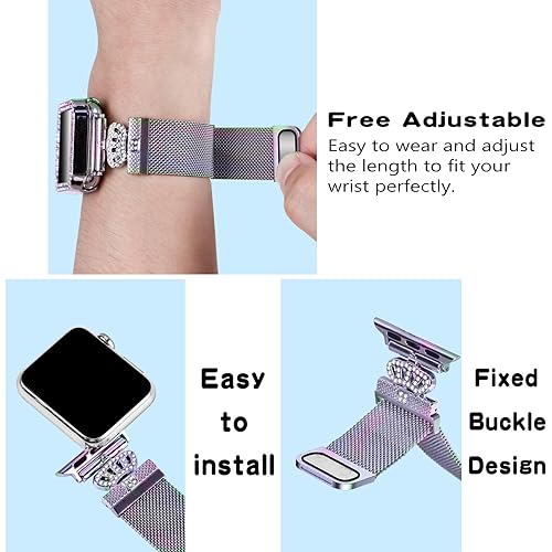 Magnetic Band Compatible with Apple Watch 38mm 40mm 41mm 42mm 44mm 45mm 46mm Stainless Steel Metal Strap with Bling Case and Built-in Screen Protector, Dressy Milanese Loop iWatch Bands for Women