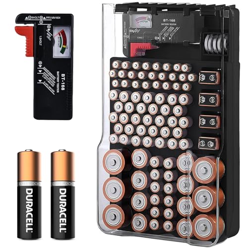 Organisateur à Piles Avec Couvercle Transparent - Peut Contenir 93 Piles (AA, AAA, C, D, 9V) - Inclut Un Testeur De Batterie - Dimensions 30,5x17,8x5,7 Cm