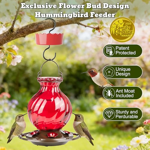 Image of Hummingbird Feeder, Auslar 26 Ounces Glass Hummingbird Feeders for Outdoors Hanging Ant and Bee Proof, Ant Moat & 5 Flower Feeding Ports, Rustproof, Leakproof, Netted Flower Bud Shape Bottle, Red
