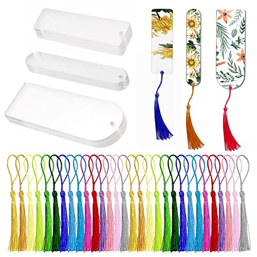 30PCS Acrylic Bookmark Blanks Clear Acrylic Craft Bookmarks with 30PCS Colorful Tassels Transparent Rectangle Round Bookmarks Bulk for DIY Crafts Hanging Gift Tag Price Tags(3 Shape)