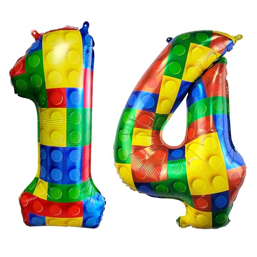 Image of 32 Inch Building Block Number 14 Balloons birthday Block Themed Large Big Helium Foil Mylar Balloon for Girls Boys Birthday Party Decoration Supplies