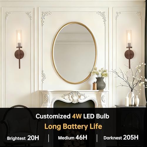 Image of Shenmoyl Battery Operated Wall Sconces Set of 2, Walnut Color Rechargeable Wall Lighting Fixtures, Dimmable Wall Lights with Remote & Clear Glass Shade for Living Room, Bathroom,Bedroom