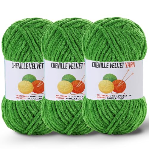 Image of 3 * 100g /3.5oz Fluffy Chenille Yarn for Crocheting, Chunky Velvet Yarn for Crochet Amigurumi, Used for Making Baby Yarns Blanket, Clothes, Pattern Knitting Creations (Green)