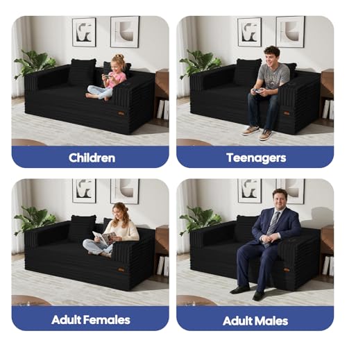 Image of COMAX Futon Sofa Bed, 4‑in‑1 Convertible Sofa Bed, Folding Boneless Couches | Boneless Couch for living room, Fold Out Small Foldable Loveseat Floor Sleeper Mattress Lounge Space‑Saving, Jet Black