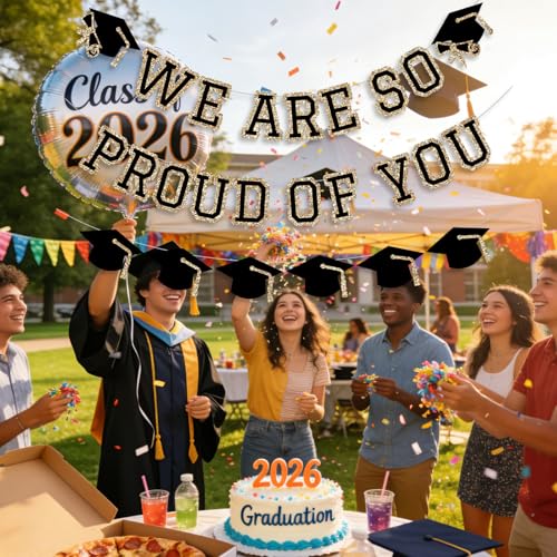 Image of We Are So Proud Of You Banner Graduation Party Decorations Congrats Grad Cap Garlands Wall Sign Gold Black